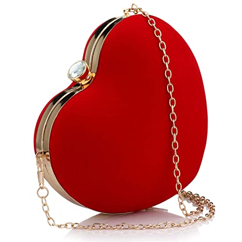 Womens Velour Heart Clutch Bag Vintage Shoulder Handbag Ladies Elegant Purse for Wedding Evening (Red)