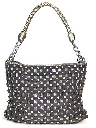 Zzfab Sparkle Rhinestone Suede Hobo Handbag Pewter