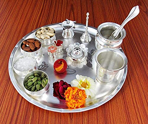 NOBILITY Silver Plated Pooja thali Set Large 12 Inch for Festival Ethnic Puja Thali for Diwali, Home, Temple, Office, Wedding Return Gift Items