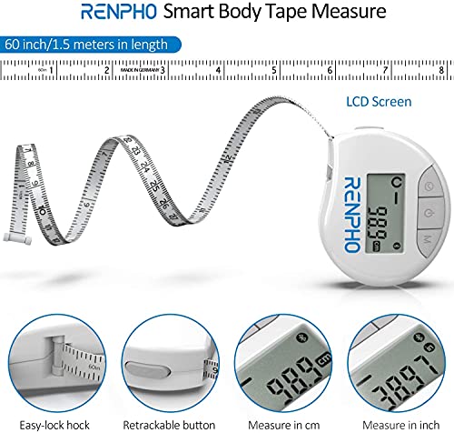 Smart Tape Measure Body with App - RENPHO Bluetooth Measuring Tapes for Body Measuring, Weight Loss, Muscle Gain, Fitness Bodybuilding, Retractable, Measures Body Part Circumferences, Inches & cm