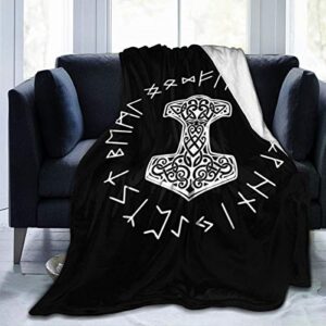 vikings mjolnir and rune wheel norse mythology symbol fleece blanket throw lightweight blanket super soft cozy bed warm blanket for living room/bedroom all season (50″x40″, color1)