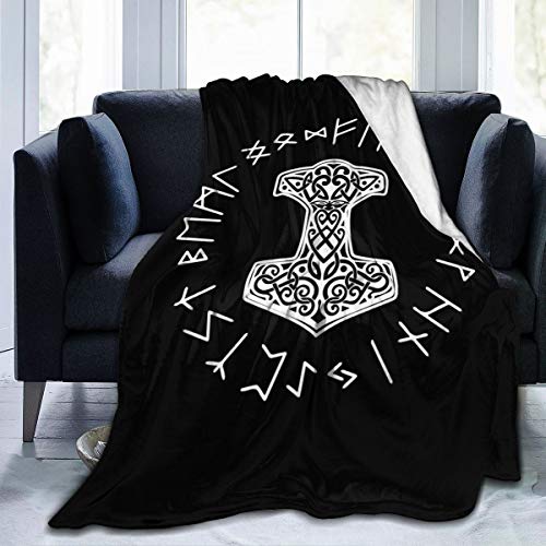 Vikings Mjolnir and Rune Wheel Norse Mythology Symbol Fleece Blanket Throw Lightweight Blanket Super Soft Cozy Bed Warm Blanket for Living Room/Bedroom All Season (50"x40", Color1)