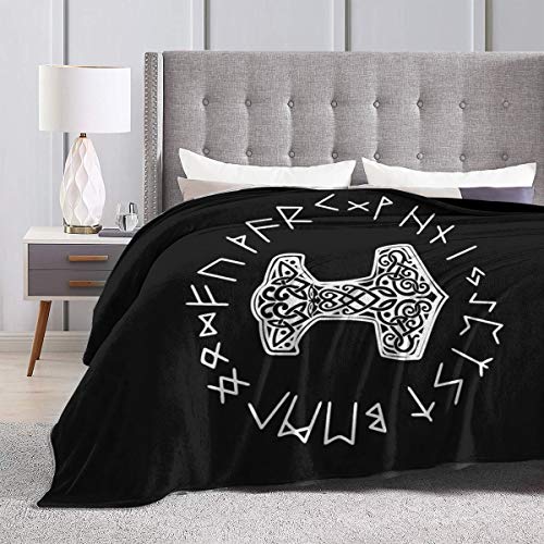 Vikings Mjolnir and Rune Wheel Norse Mythology Symbol Fleece Blanket Throw Lightweight Blanket Super Soft Cozy Bed Warm Blanket for Living Room/Bedroom All Season (50"x40", Color1)