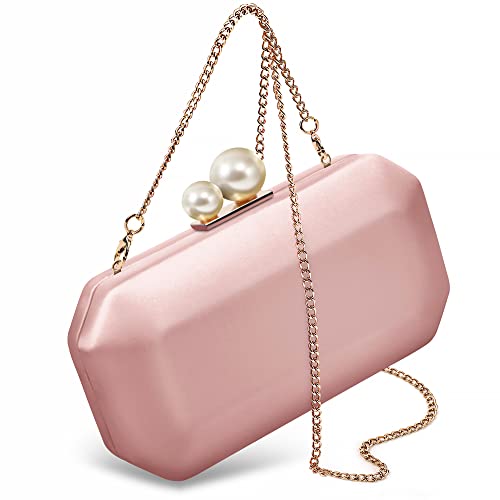 M10M15 Women Pink Satin Clutch Purse Small Evening Bag with Pearl Closure for Party Wedding