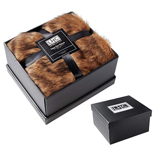 Faux Fur Throw Blanket- Luxurious, Soft, Hypoallergenic Premium Faux Chinchilla Fur Blanket with Faux Mink Back and Gift Box, 60”x70” by LHC (Brown)