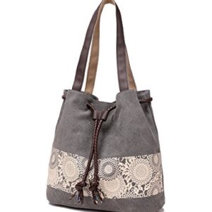 Women Printing Canvas Shoulder Bag Casual Hand Bags Purse Retro Tote Bags (Gray)