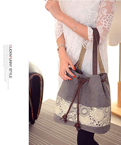 Women Printing Canvas Shoulder Bag Casual Hand Bags Purse Retro Tote Bags (Gray)