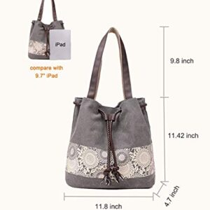 Women Printing Canvas Shoulder Bag Casual Hand Bags Purse Retro Tote Bags (Gray)