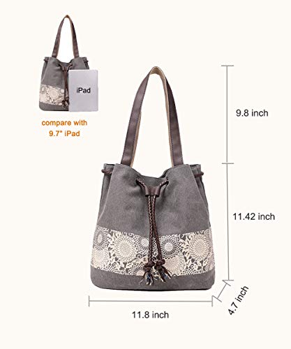 Women Printing Canvas Shoulder Bag Casual Hand Bags Purse Retro Tote Bags (Gray)