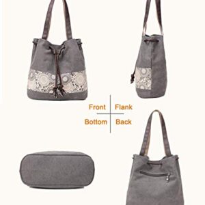 Women Printing Canvas Shoulder Bag Casual Hand Bags Purse Retro Tote Bags (Gray)