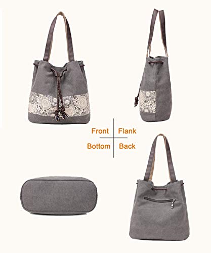 Women Printing Canvas Shoulder Bag Casual Hand Bags Purse Retro Tote Bags (Gray)