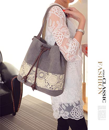 Women Printing Canvas Shoulder Bag Casual Hand Bags Purse Retro Tote Bags (Gray)