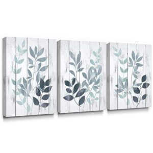 takfot blue wall art rustic canvas paintings vintage leaf art prints botanical pictures farmhouse leaves artwork home decor stretched and wrapped for bathroom living room 12×16 inch, 3 panels