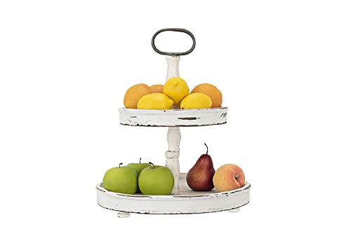 Creative Co-op EC0125 Distressed Wood 2-Tier Tray with Metal Handle, Cream