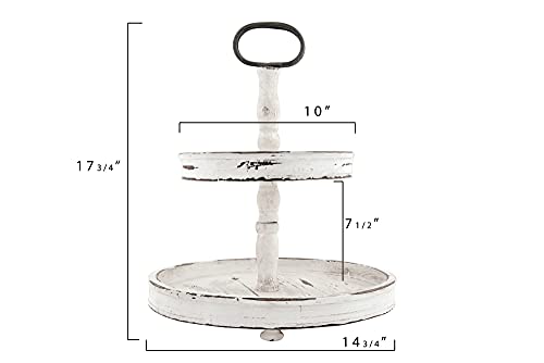 Creative Co-op EC0125 Distressed Wood 2-Tier Tray with Metal Handle, Cream