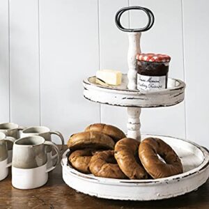 Creative Co-op EC0125 Distressed Wood 2-Tier Tray with Metal Handle, Cream