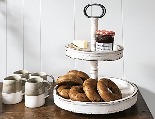 Creative Co-op EC0125 Distressed Wood 2-Tier Tray with Metal Handle, Cream