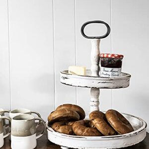 Creative Co-op EC0125 Distressed Wood 2-Tier Tray with Metal Handle, Cream