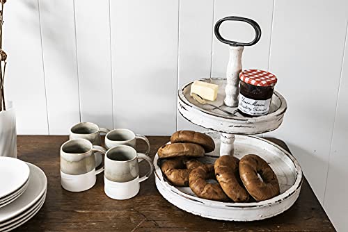 Creative Co-op EC0125 Distressed Wood 2-Tier Tray with Metal Handle, Cream