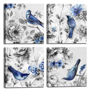 Canvas Wall Art Beautiful Watercolor blue Bird and flower Painting 4 pcs Wall Art Print on Contemporary Home Bedroom Wall Decoration Wrapped with Wooden Frame Ready to Hang (12x12inchx4pcs, blue1)