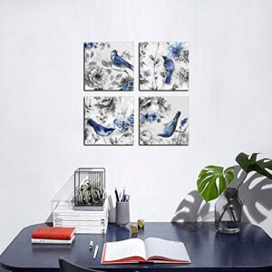 Canvas Wall Art Beautiful Watercolor blue Bird and flower Painting 4 pcs Wall Art Print on Contemporary Home Bedroom Wall Decoration Wrapped with Wooden Frame Ready to Hang (12x12inchx4pcs, blue1)