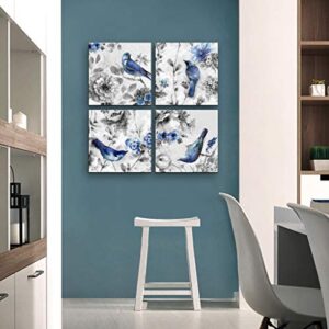 Canvas Wall Art Beautiful Watercolor blue Bird and flower Painting 4 pcs Wall Art Print on Contemporary Home Bedroom Wall Decoration Wrapped with Wooden Frame Ready to Hang (12x12inchx4pcs, blue1)