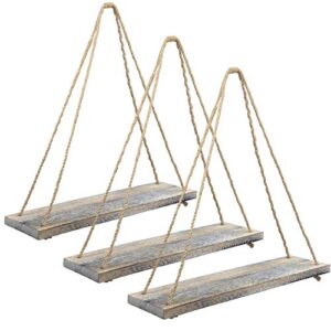 excello global products rustic distressed wood hanging shelves: 17-inch with swing rope floating shelves (whitewashed – pack of 3)