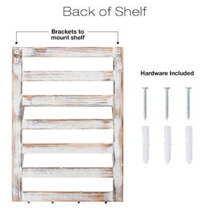 EXCELLO GLOBAL PRODUCTS 2-Tier Rustic Whitewashed Mounted Wood Wall Shelf with Shabby Chic, Farmouse Decor with 4 Hooks. Perfect for Any Room