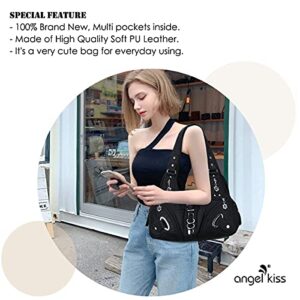 Angelkiss Women Multiple Pockets Purses and Handbags Washed Leather, Two Top Zippers Closure, Black