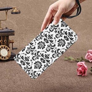 InterestPrint Elegant Damask Black and White Floral Womens Clutch Wallet Large Wristlet Zipper Clutch Large Travel Purse