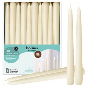 bolsius 30 count household ivory taper candles – 10 inches – premium european quality – 8 burn hours – bulk pack unscented dripless and smokeless home décor, restaurant, wedding, & party candlesticks