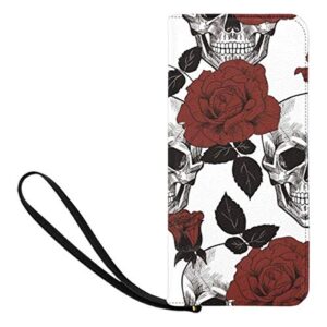 InterestPrint Sugar Skull and Red Roses Women's Zip Wallet Ladies Clutch Travel Purse Wrist Strap