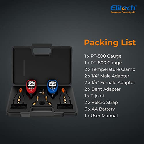 Elitech Digital AC Gauge Set HVAC Gauges APP Monitoring with Temperature Clamps 1/8'' NPT, PT-500&PT-800