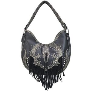 zelris western concho fringe lace two toned conceal carry hobo tote purse (black)