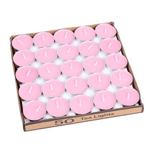 lanker 50 pack mini tea lights candles – unscented – smokeless – 2 hour burn time – decoration for wedding, party, dating and festival celebration (pink)