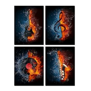 vvovv wall decor – 4 panel music canvas painting water and fire instrument series picture prints electric guitar,music note,saxophone and turntable wall art (music wall art)