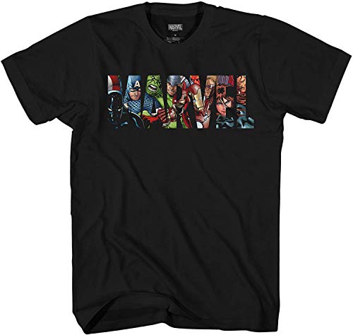 Marvel Team Logo Fill T-Shirt for Men Adult Graphic Tshirt Men's Tee Gift Merch Women Apparel Clothes Stuff Novelty Vintage Black Panther Hawkeye Hulk Iron Man Captain America Thor (Black, Large)