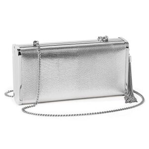 women silver clutch purse small box sparkly evening bag in hardcase with metallic tassel for party wedding with gift packing