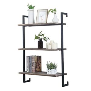 oldrainbow industrial metal and wood wall shelf unit,rustic floating wood shelves wall mounted,24in iron real wood book shelves,hanging wall shelves for bedrooms office,3 tier bookshelf shelving