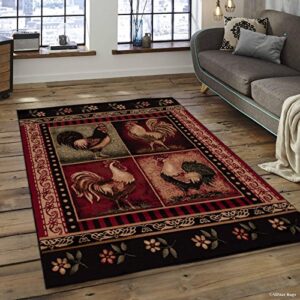 allstar 4×5 red and black cabin rectangular accent rug with ivory and green wildlife rooster design (3′ 9″ x 5′ 1″)