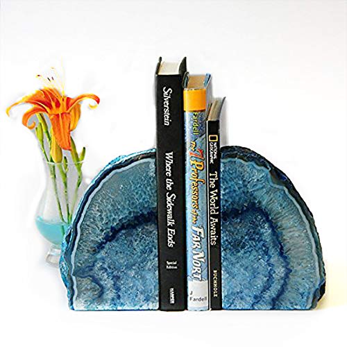 JIC Gem Dyed Blue Agate Bookends 2 to 3 Lbs Polished Geode 1 Pair with Rubber Bumpers for Office and Home Decoration Small Size