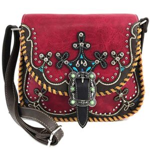 zelris western moccasin flower buckle women conceal carry crossbody satchel bag (rose red)