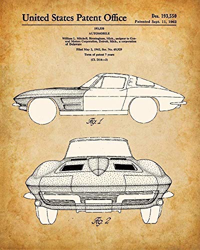 Original Corvette Patent Art Prints - Set of Four Photos (8x10) Unframed - Makes a Great Man Cave Decor and Gift Under $20 for Corvette Owners and Car Enthusiasts