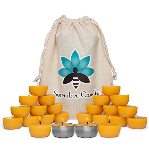 Beeswax Tea Light Candles Refills with Two Custom Reusable Sturdy Steel Candle Holders and Reusable Cotton Bag Eco Friendly Gift Set(24)