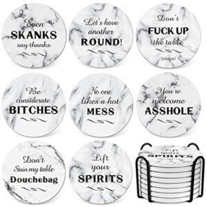teivio 8 piece coaster for drinks absorbing stone coasters set cork base, metal holder, marble funny style, birthday housewarming gifts, apartment kitchen room bar décor (white)