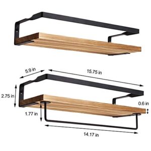 Normei Wood Floating Shelves Floating Shelves Wall Mounted Rustic Wood Shelves with Towel Holder for Bathroom, Kitchen, Set of 2 (Carbonized Black)