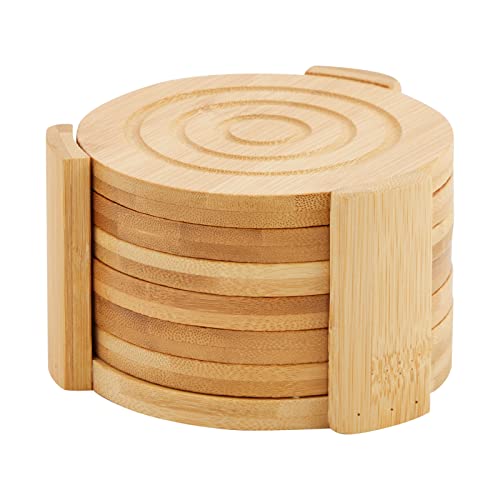 Set of 6 Bamboo Wood Coasters with Holder for Coffee Table, Hot Drinks, Housewarming Gifts (4.3 Inches)