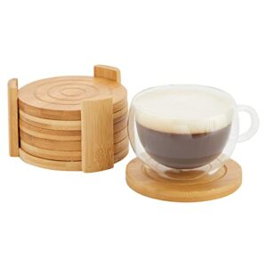 Set of 6 Bamboo Wood Coasters with Holder for Coffee Table, Hot Drinks, Housewarming Gifts (4.3 Inches)