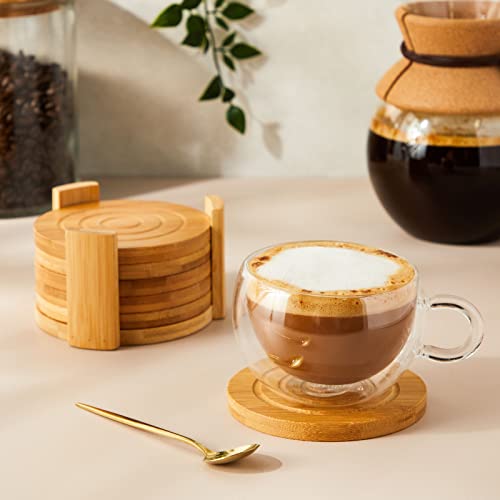 Set of 6 Bamboo Wood Coasters with Holder for Coffee Table, Hot Drinks, Housewarming Gifts (4.3 Inches)