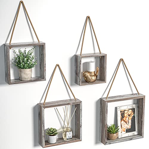 J JACKCUBE DESIGN Floating Hanging Square Shelves Wall Mounted Rustic Wood Cube Display Shelf Shadow Boxes Decorative Boho Home Décor for Living Room, Bedroom, Office, Set of 4 - MK571A